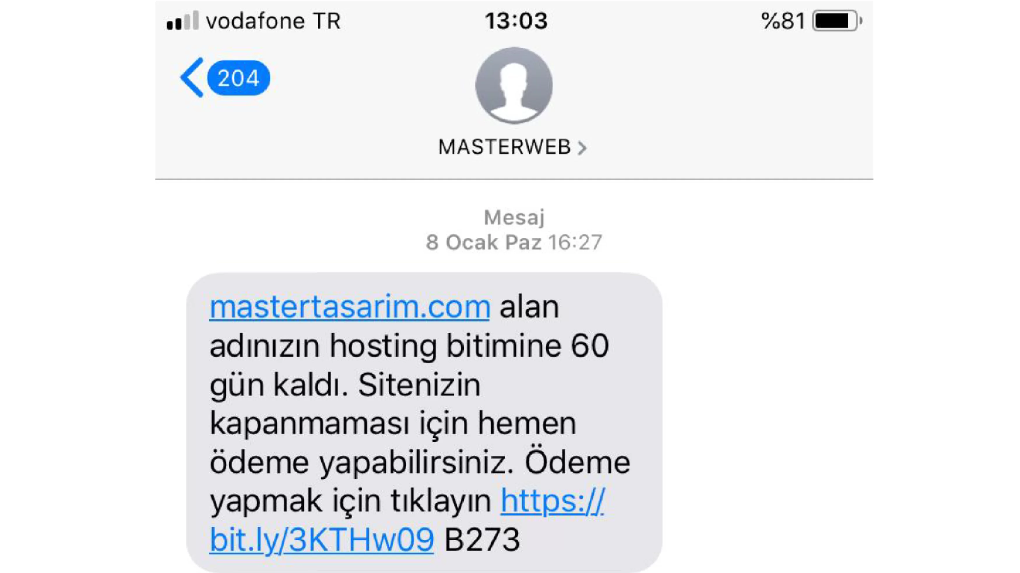 MASTERTASRM ve MASTER WEB Başlıklı SMS